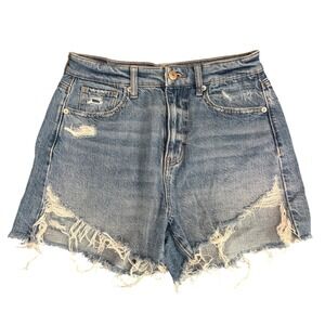 American Eagle Blue Denim Highest Rise Mom Shorts Distressed Frayed Size 4